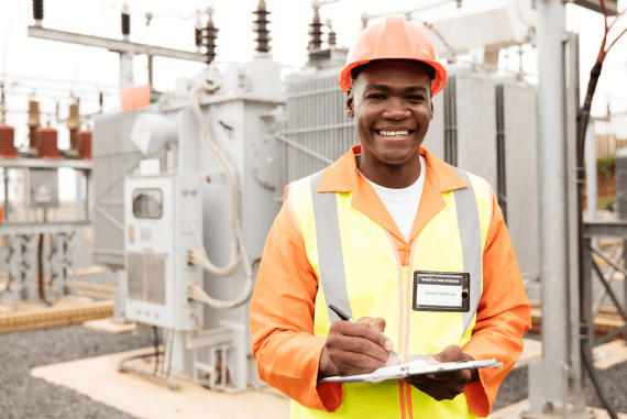 An electrical worker smiling