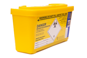 A yellow sharps disposal container